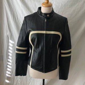 Vintage Wilsons Leather Women's Black and Ivory Stripe Moto Jacket  size M  EUC